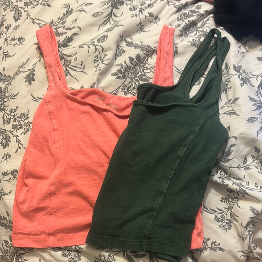 Aerie Pink and Green Fitted Crop Tank Tops
